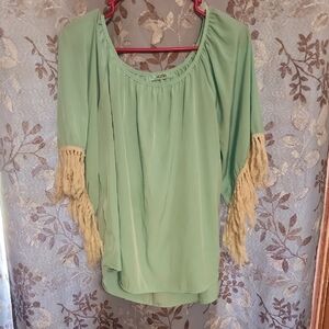 Karlie Light Green Blouse with Cream Fringe